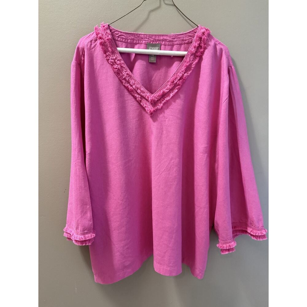 Chico's 4 (XXL) Hot Pink Linen Blend Fringe Edge Blouse Boxy Barbiecore Preppy